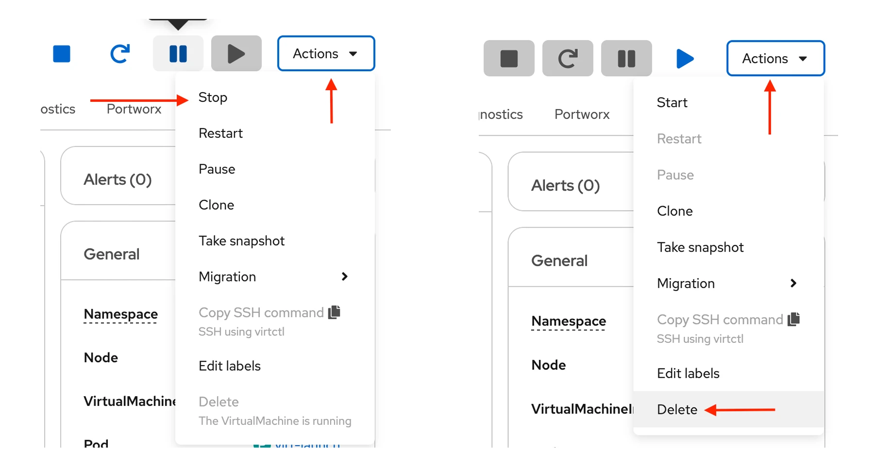 Openshift vm menu