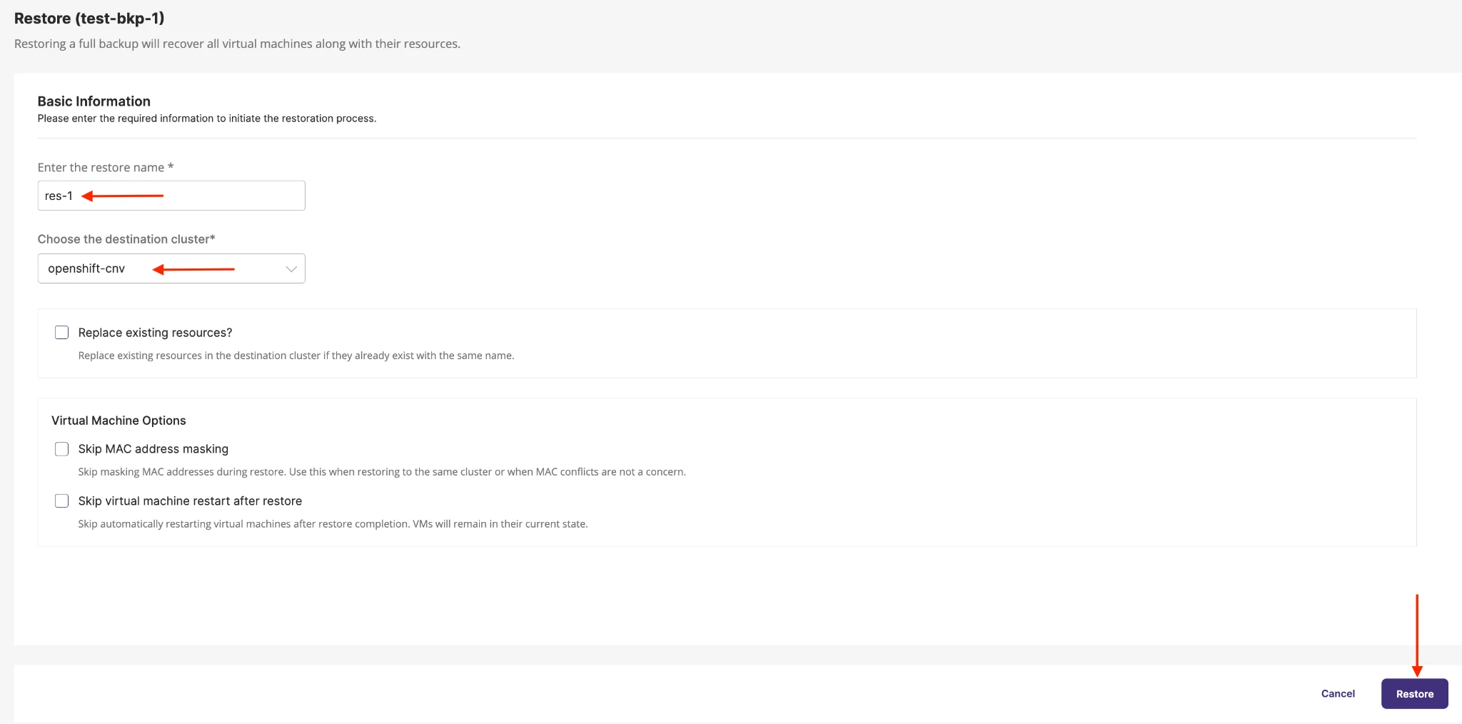 Restore test backup 1