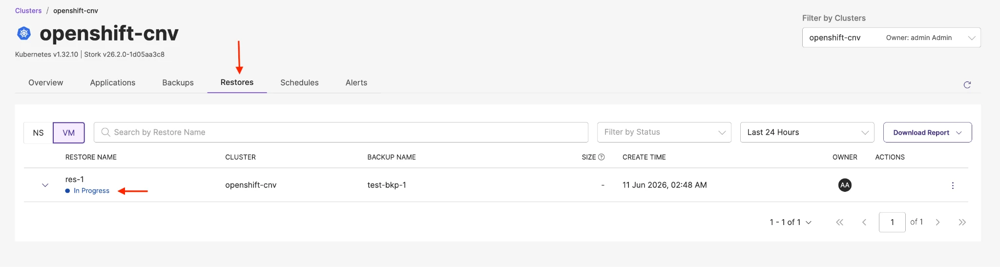 openshift cnv restore