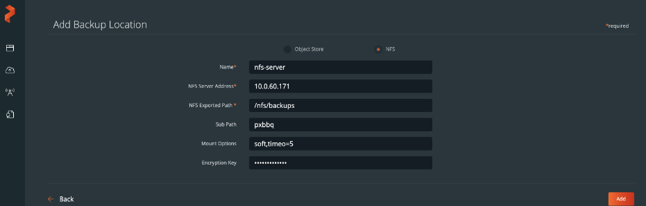 Portworx Backup Screenshot - NFS Configuration Screen