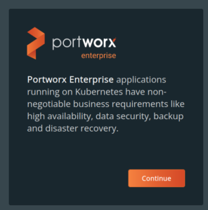 Image showing the continue button on the portworx website